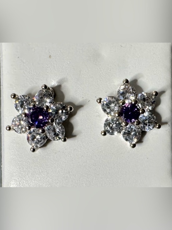 Jewelry - Amethyst Center Sterling Silver plated 925 Floral Stud Earrings cubic zirconia